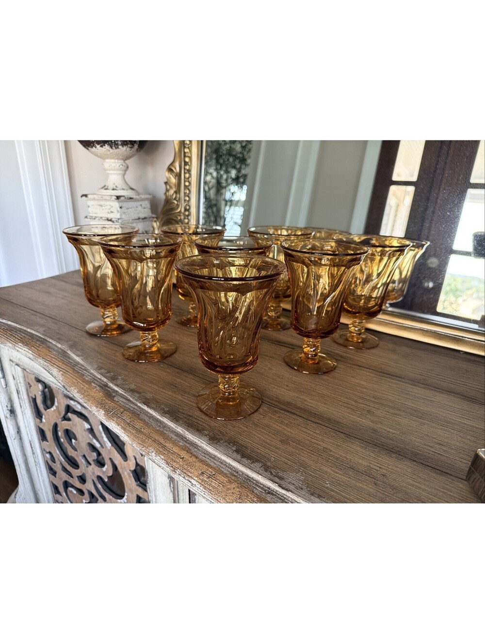 Fostoria Jamestown Amber Swirl Pedestal Iced Tea Goblets 5 3/4" Set of 9